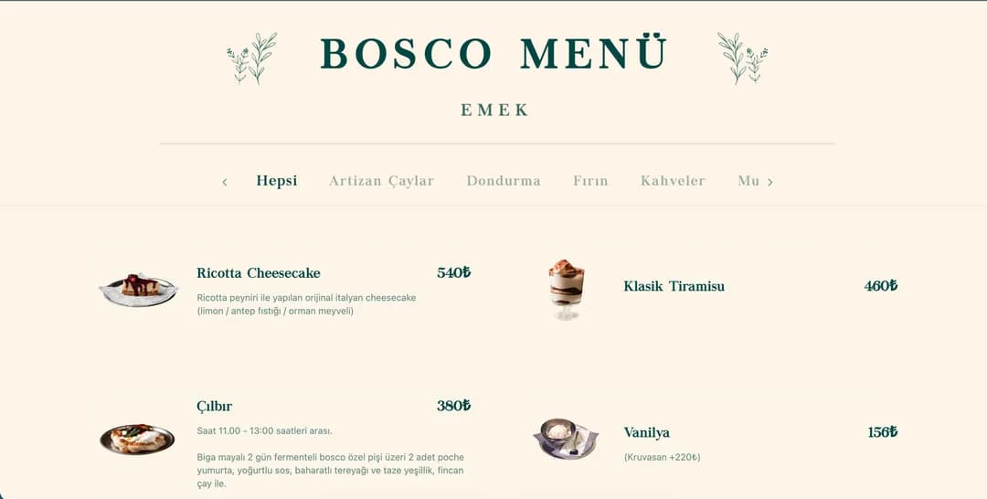 Bosco Menu, Çok dilli, şubeye göre fiyatlandırmalı QR menü sistemi